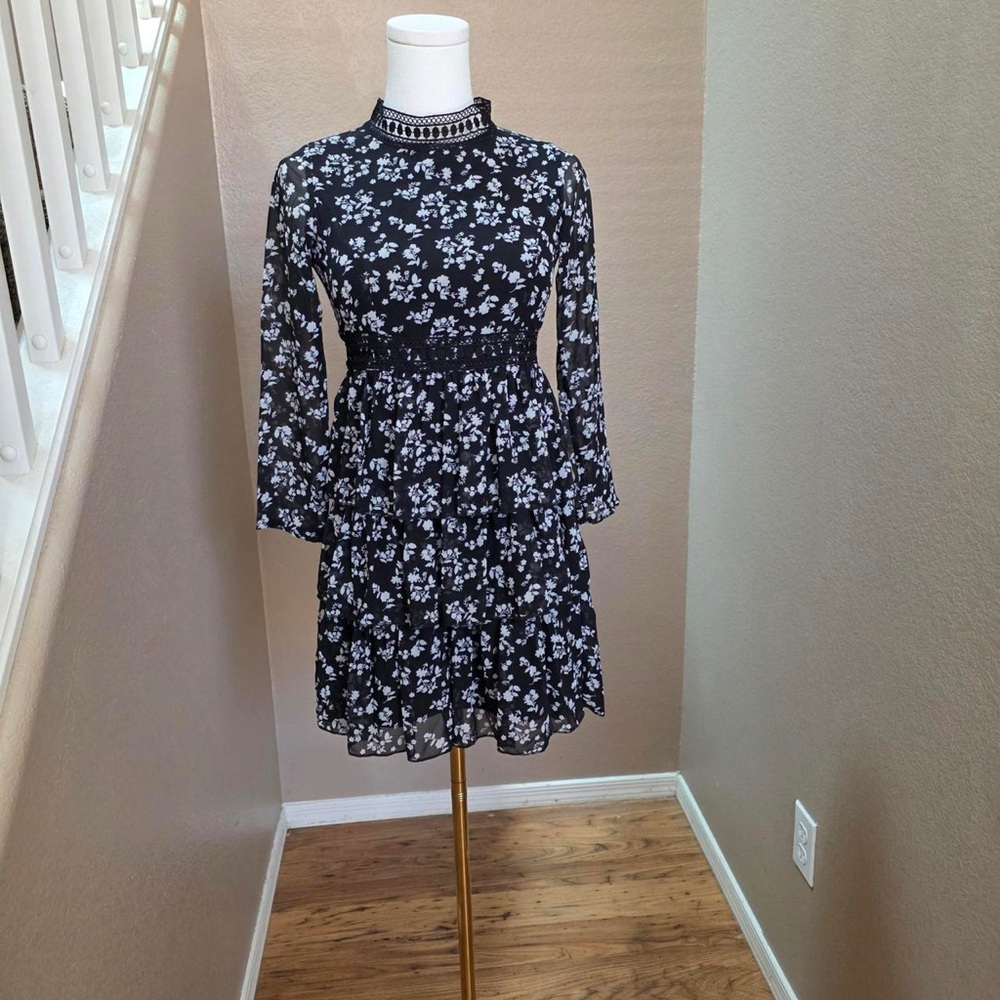 Smocked Waist Black Floral Long-Sleeve Tiered Dress